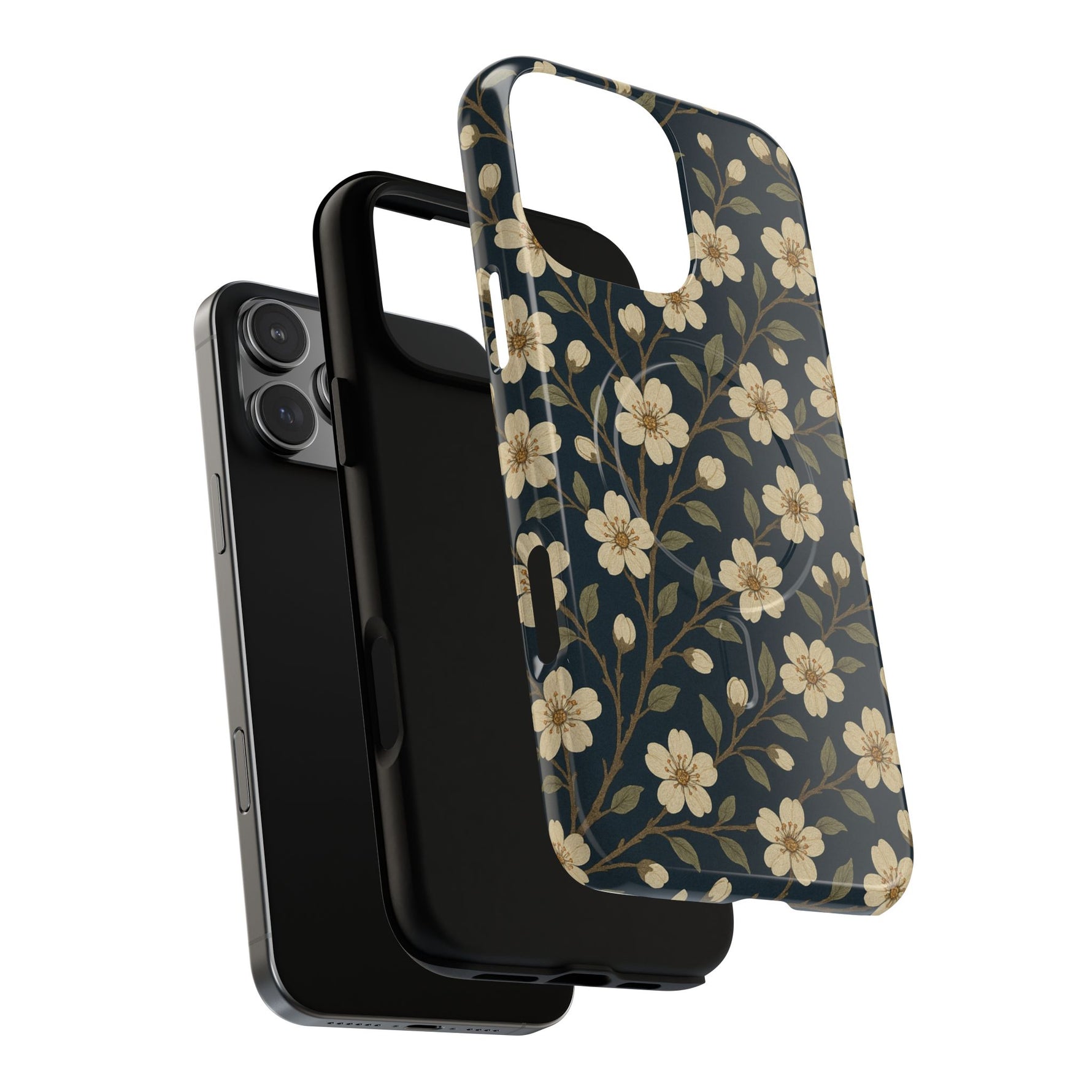 Navy Cherry Blossom Floral iPhone Case - Compatible with MagSafe - Shamo's