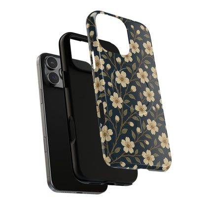 Navy Cherry Blossom Floral iPhone Case - Compatible with MagSafe