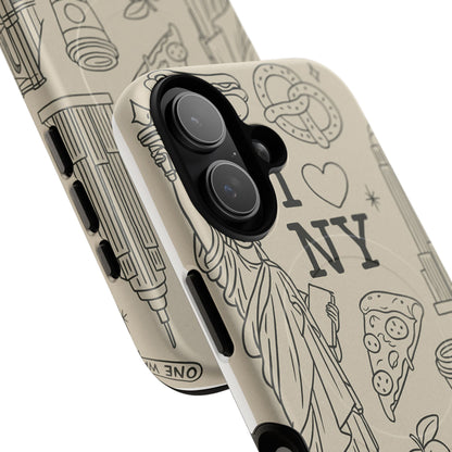NY City Icons Tough iPhone Case — Statue of Liberty, Pizza & Taxi Pattern | Compatible with MagSafe