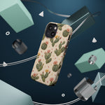 Cactus Bloom – Sage Green Floral Cactus MagSafe Phone Case, glossy diagonal dual-camera model, rear view with magnetic accessories