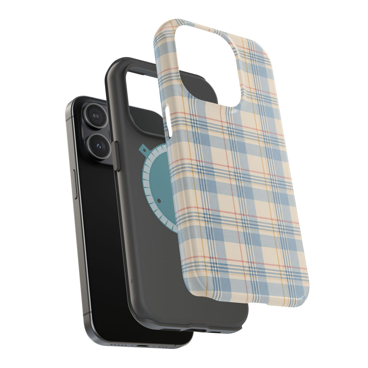 Ranch Check – Blue and Cream Plaid MagSafe Phone Case, glossy square triple-camera Pro model, exploded shell and liner with magnetic ring