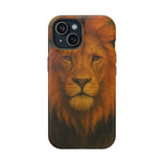 iPhone 14 Pro phone case featuring detailed lion face art, medium size variant