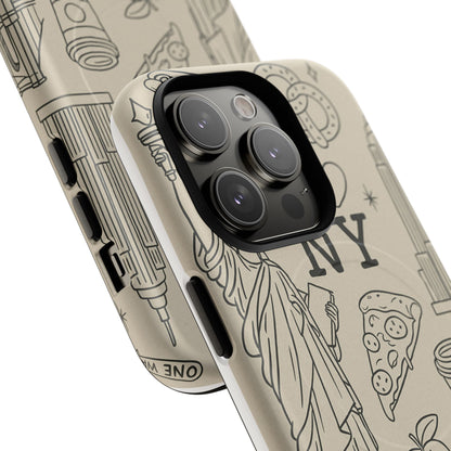 NY City Icons Tough iPhone Case — Statue of Liberty, Pizza & Taxi Pattern | Compatible with MagSafe