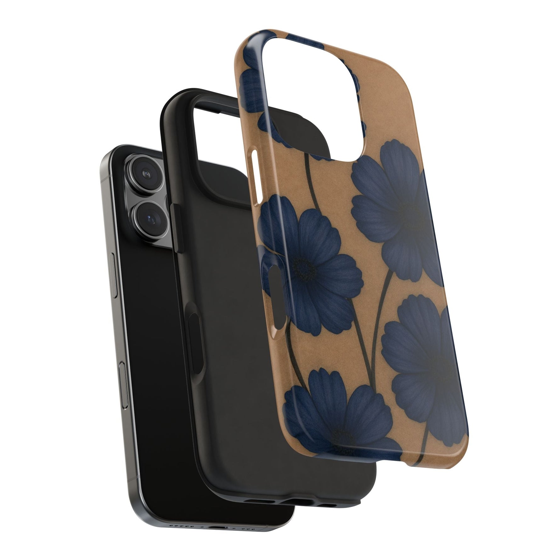 Navy Floral Tough iPhone Case — Durable Protective Case with Blue Flowers on Kraft Background  Shamo's