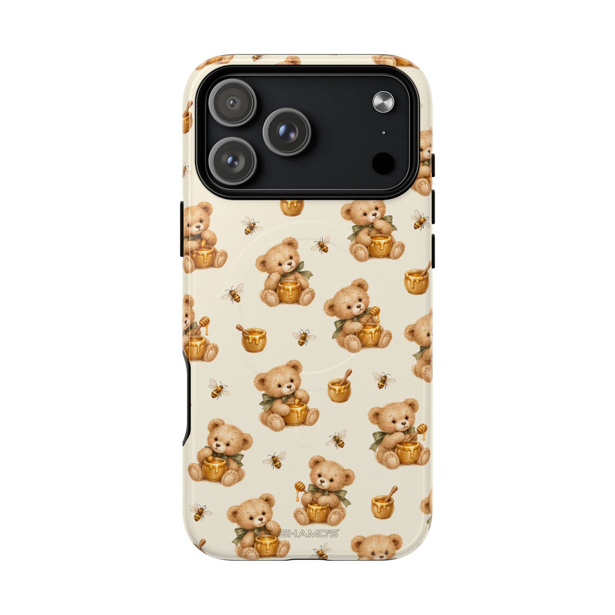 Honingknuffelbeer iPhone-hoesje — ontwerp met gele bij en honingpot met MagSafe