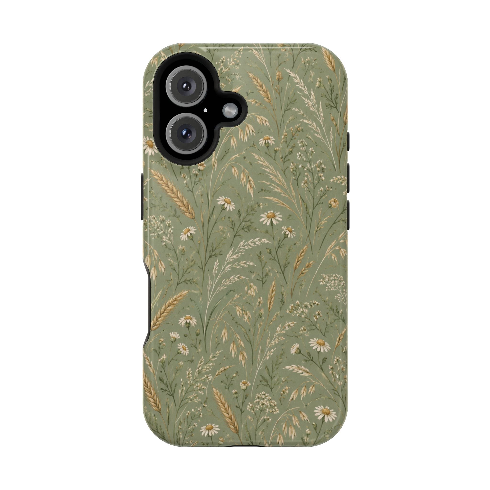 Golden Meadow – Sage Green Wildflower MagSafe Phone Case, glossy iPhone 16, rear view