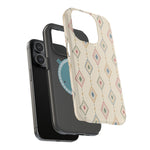 Desert Diamonds – Pastel Geometric Pattern MagSafe Phone Case, glossy square triple-camera Pro model, exploded shell and liner with magnetic ring