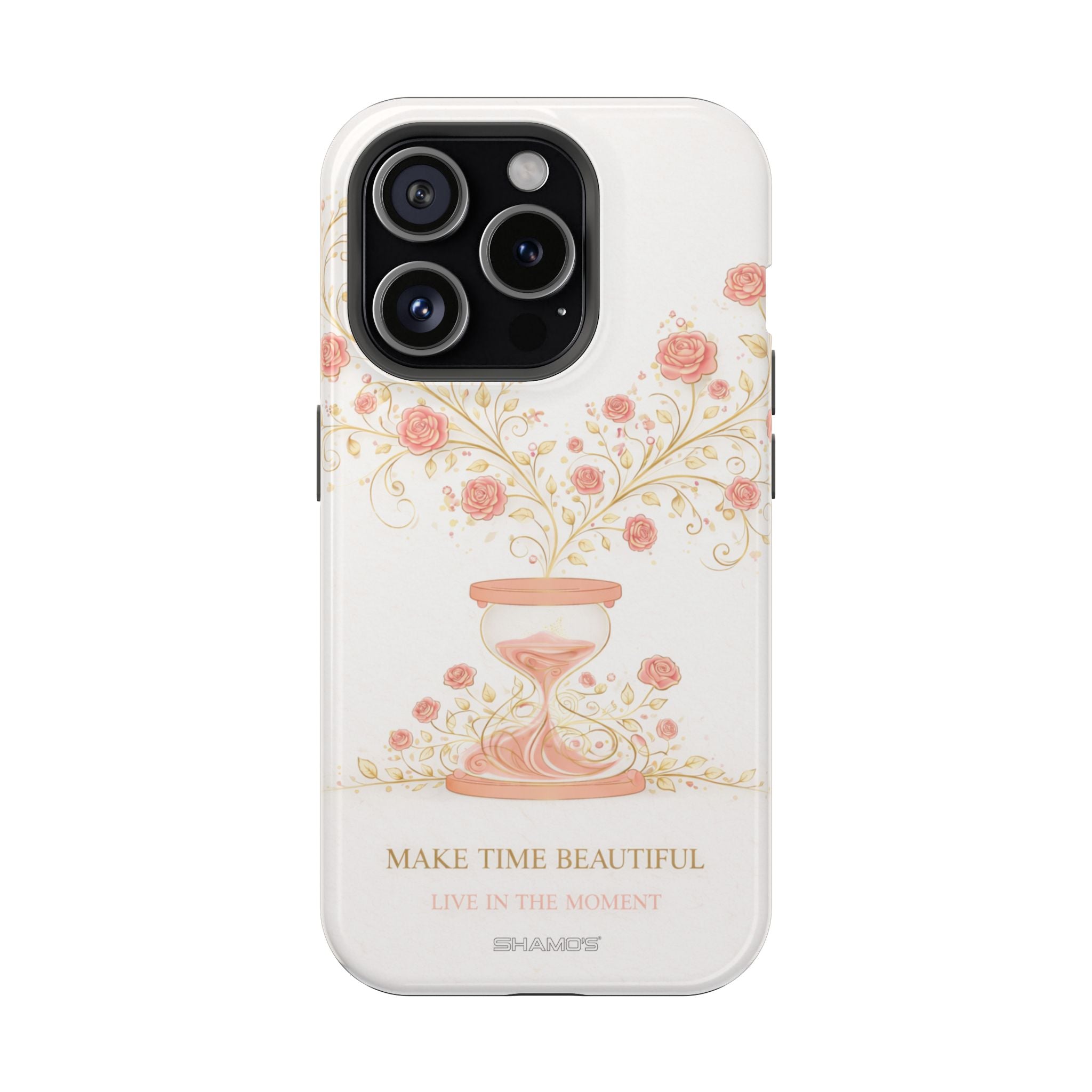 Magnetic iPhone Case, "Make Time Beautiful" Floral Hourglass Protective Cover - iPhone 15 Pro / Glossy - Shamo's