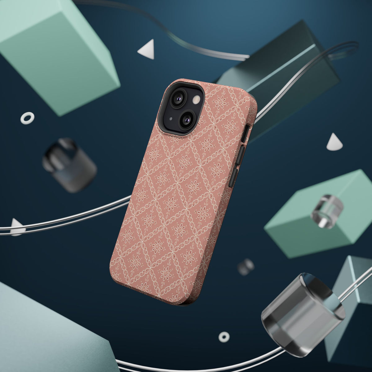 Meadow Lace – Blush Pink Lace Pattern MagSafe Phone Case, glossy diagonal dual-camera model, rear view with magnetic accessories