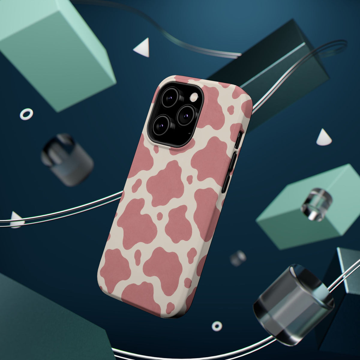 Rose Cowprint – Pink Cow Print MagSafe Phone Case, glossy square triple-camera Pro model, rear view with magnetic accessories