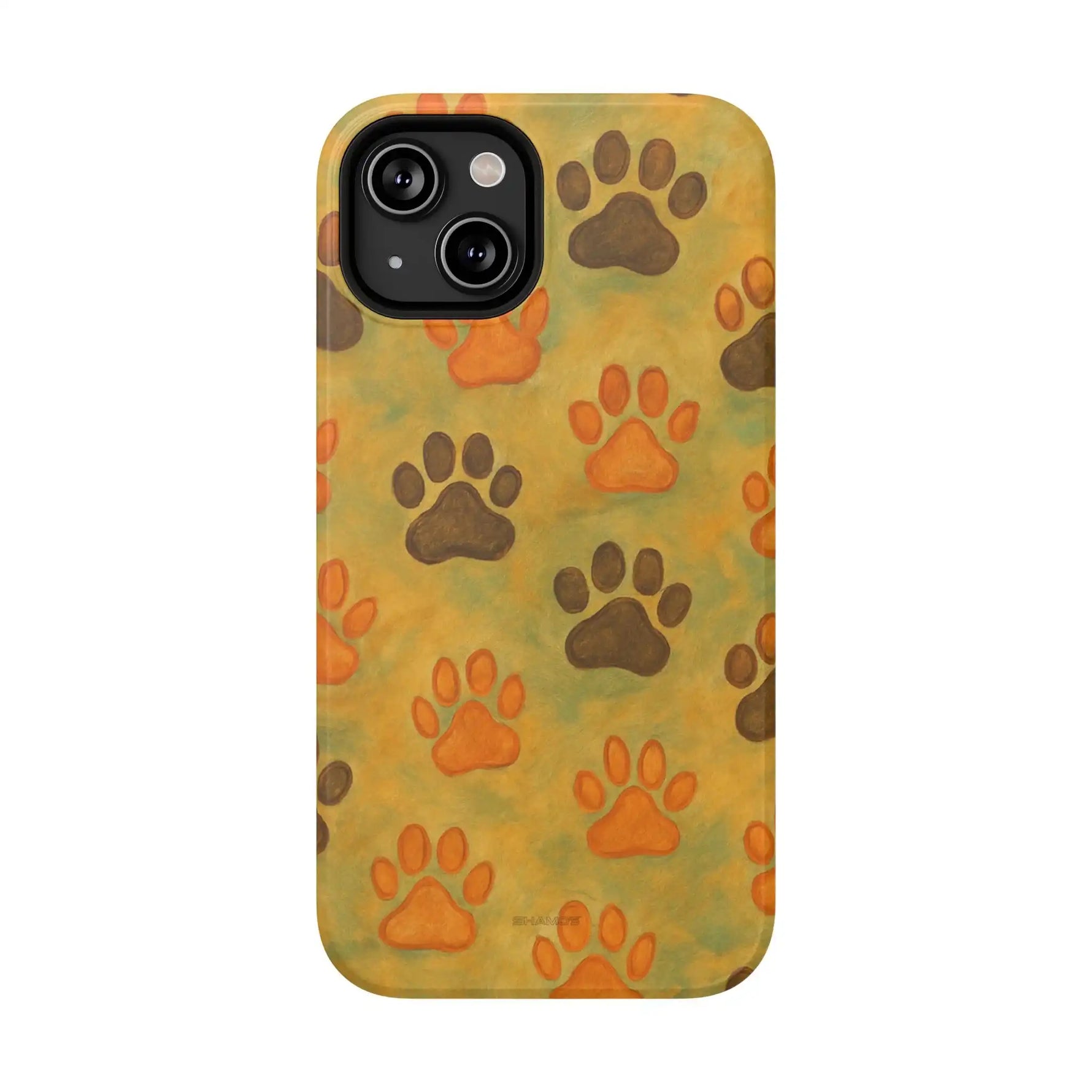 Phone case size variant with orange and brown paw prints on yellow-green background