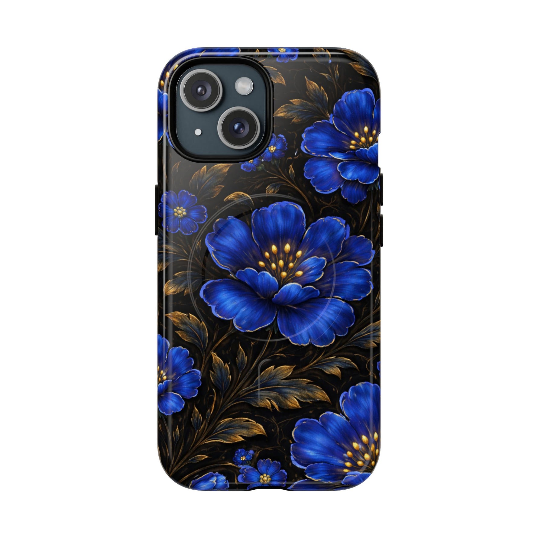 iPhone 13 case with vibrant blue floral design and golden leaves on black background, size variant