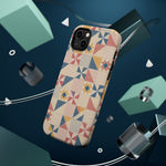Prairie Quilt – Pastel Patchwork Pattern MagSafe Phone Case, glossy diagonal dual-camera model, rear view with magnetic accessories