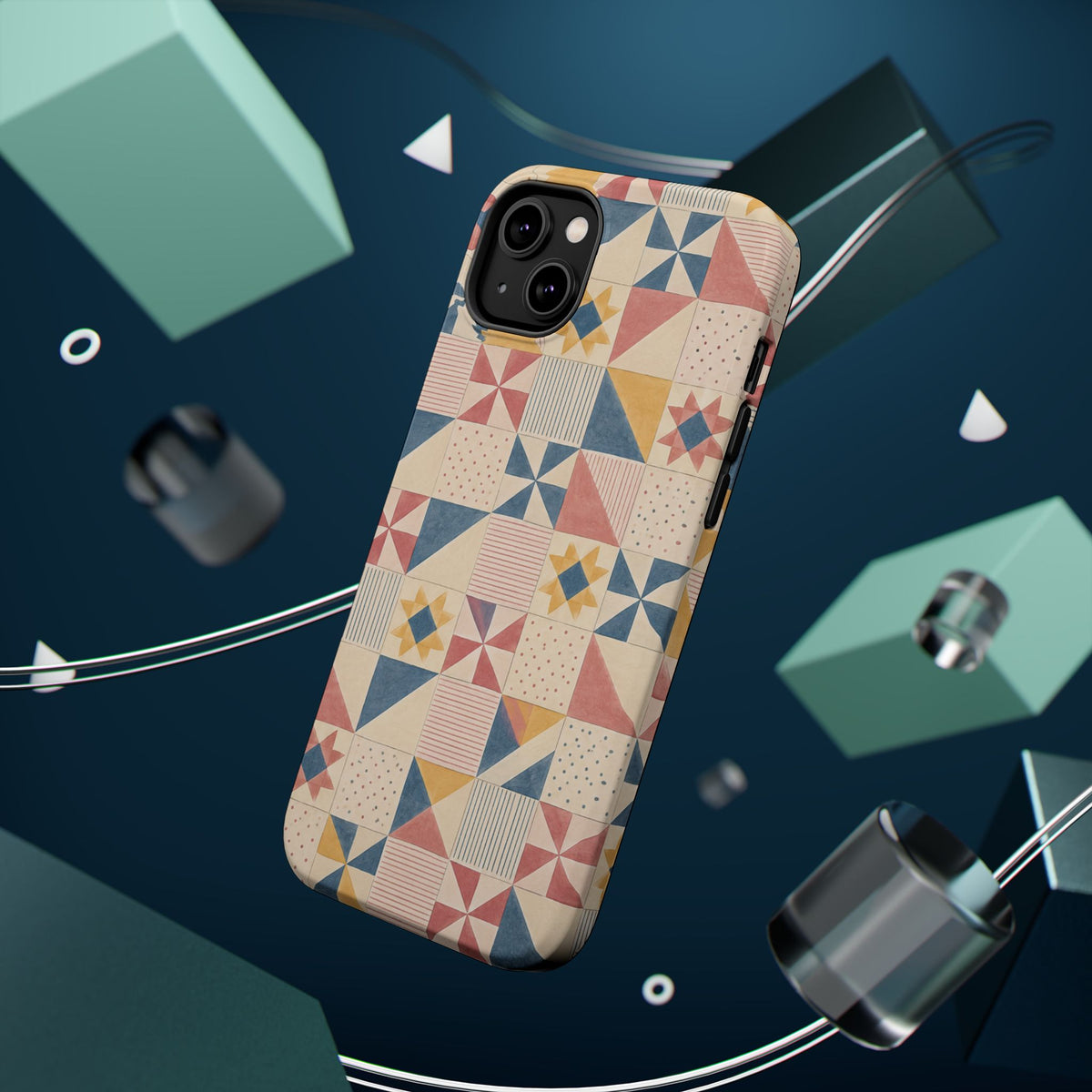 Prairie Quilt – Pastel Patchwork Pattern MagSafe Phone Case, glossy diagonal dual-camera model, rear view with magnetic accessories