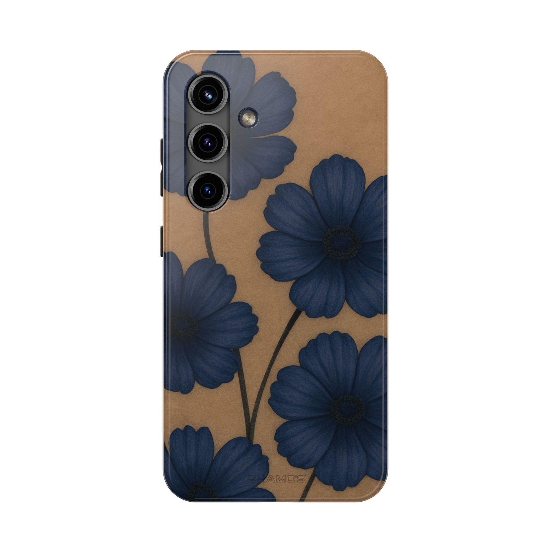 Navy Floral Tough Phone Case — Durable Protective Case with Blue Flowers on Kraft Background