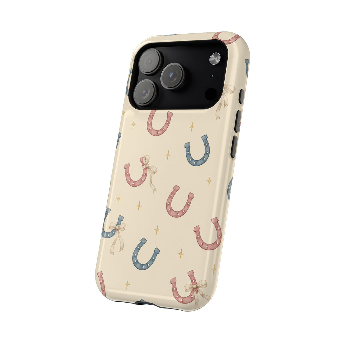 Prairie Horseshoes MagSafe Phone Case, glossy compact wide-camera Pro model, angled rear view