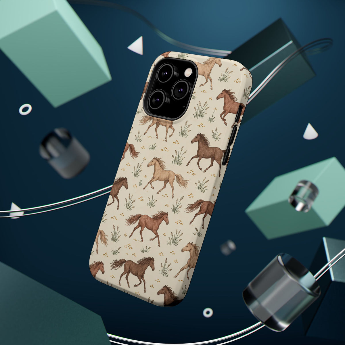 Wild Mustangs – Western Horse Pattern MagSafe Phone Case, glossy square triple-camera Pro model, rear view with magnetic accessories