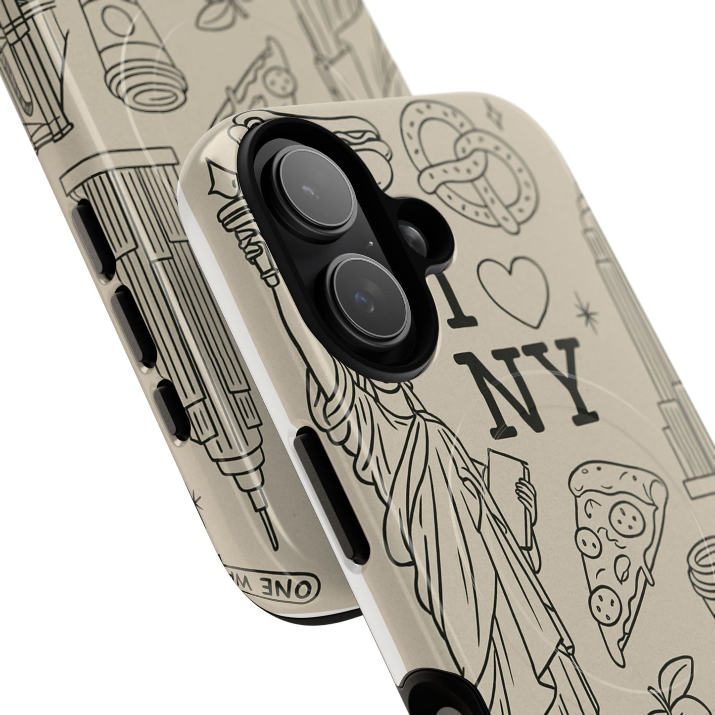 NY City Icons Tough iPhone Case — Statue of Liberty, Pizza & Taxi Pattern | Compatible with MagSafe