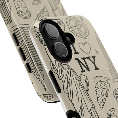 NY City Icons Tough iPhone Case — Statue of Liberty, Pizza & Taxi Pattern | Compatible with MagSafe
