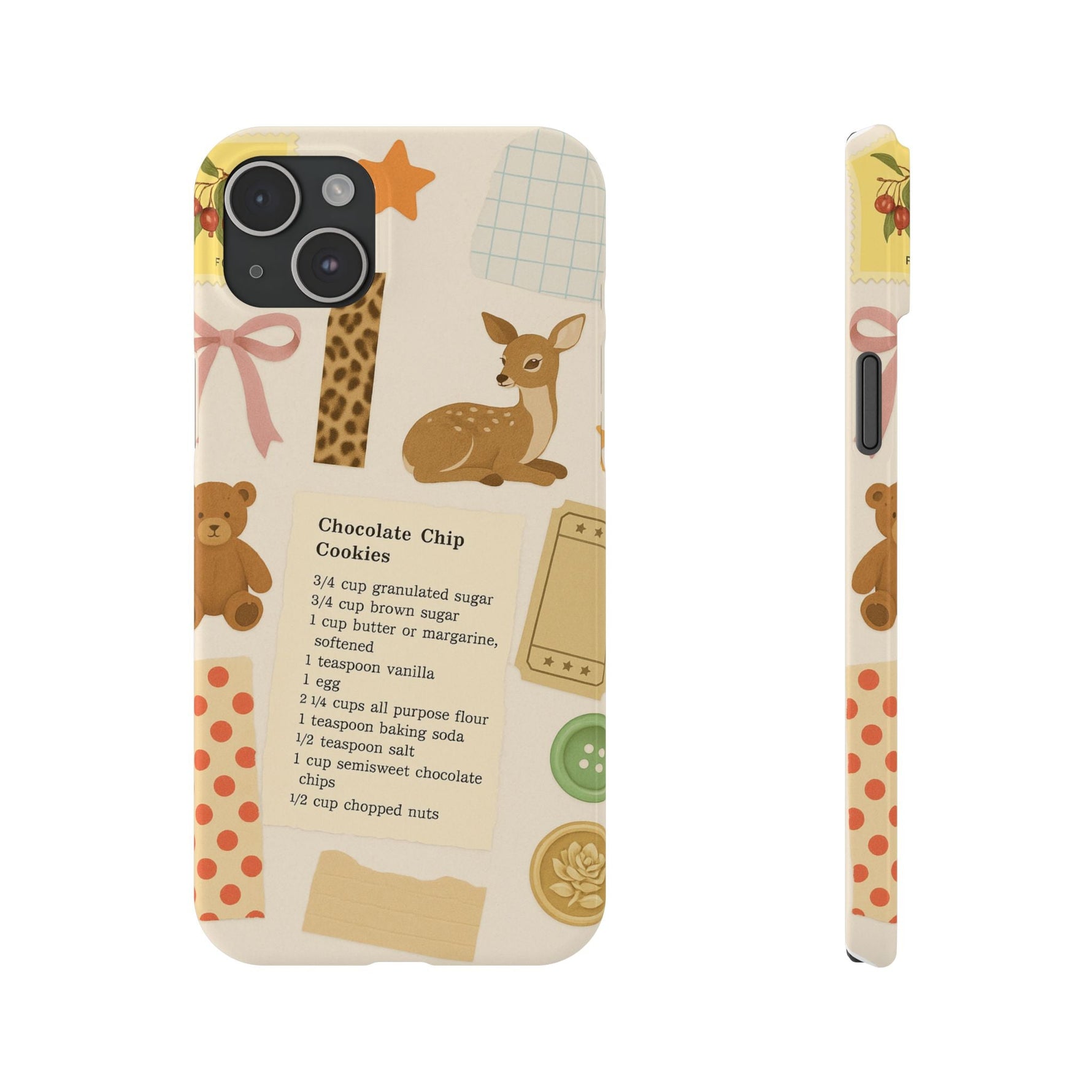 Slim iPhone Case — Cozy Baking & Teddy Pattern (Recipe, Deer, Buttons)  Shamo's iPhone 15 Plus
