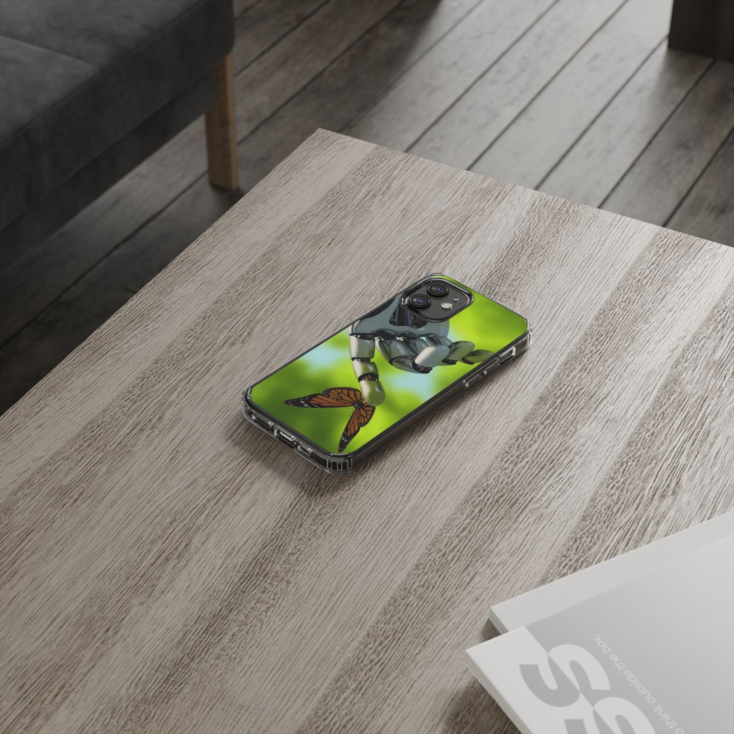 Clear Cases for iPhone 14 Series with Robotic hand and Butterfly.