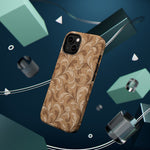 Saddle Scrolls – Tan Western Scrollwork MagSafe Phone Case, glossy diagonal dual-camera model, rear view with magnetic accessories