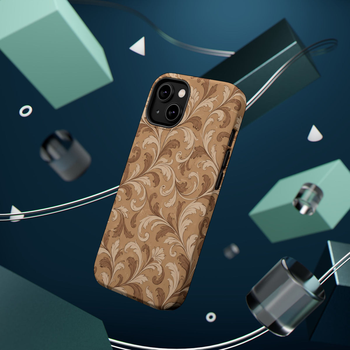 Saddle Scrolls – Tan Western Scrollwork MagSafe Phone Case, glossy diagonal dual-camera model, rear view with magnetic accessories
