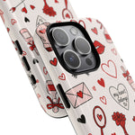 Romantic Love Doodle Tough iPhone Case ("LOVE", hearts, roses) (MagSafe compatible)  Shamo's