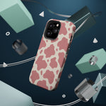 Rose Cowprint – Pink Cow Print MagSafe Phone Case, glossy square triple-camera Pro model, rear view with magnetic accessories