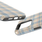 Ranch Check – Blue and Cream Plaid MagSafe Phone Case, glossy square triple-camera Pro model, port openings and edge details