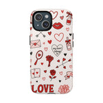 Romantic Love Doodle Tough iPhone Case ("LOVE", hearts, roses) (MagSafe compatible)  Shamo's iPhone 15 / Glossy