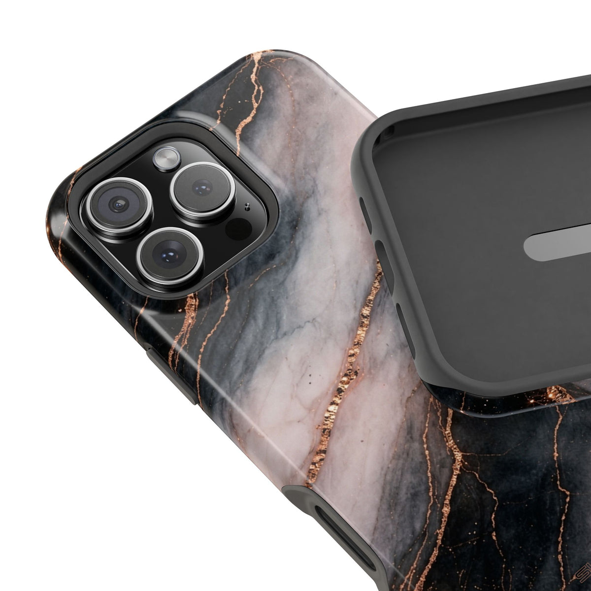 Marbled Black & Rose Gold Magnetic MagSafe Compatible Phone Case — Impact-Resistant