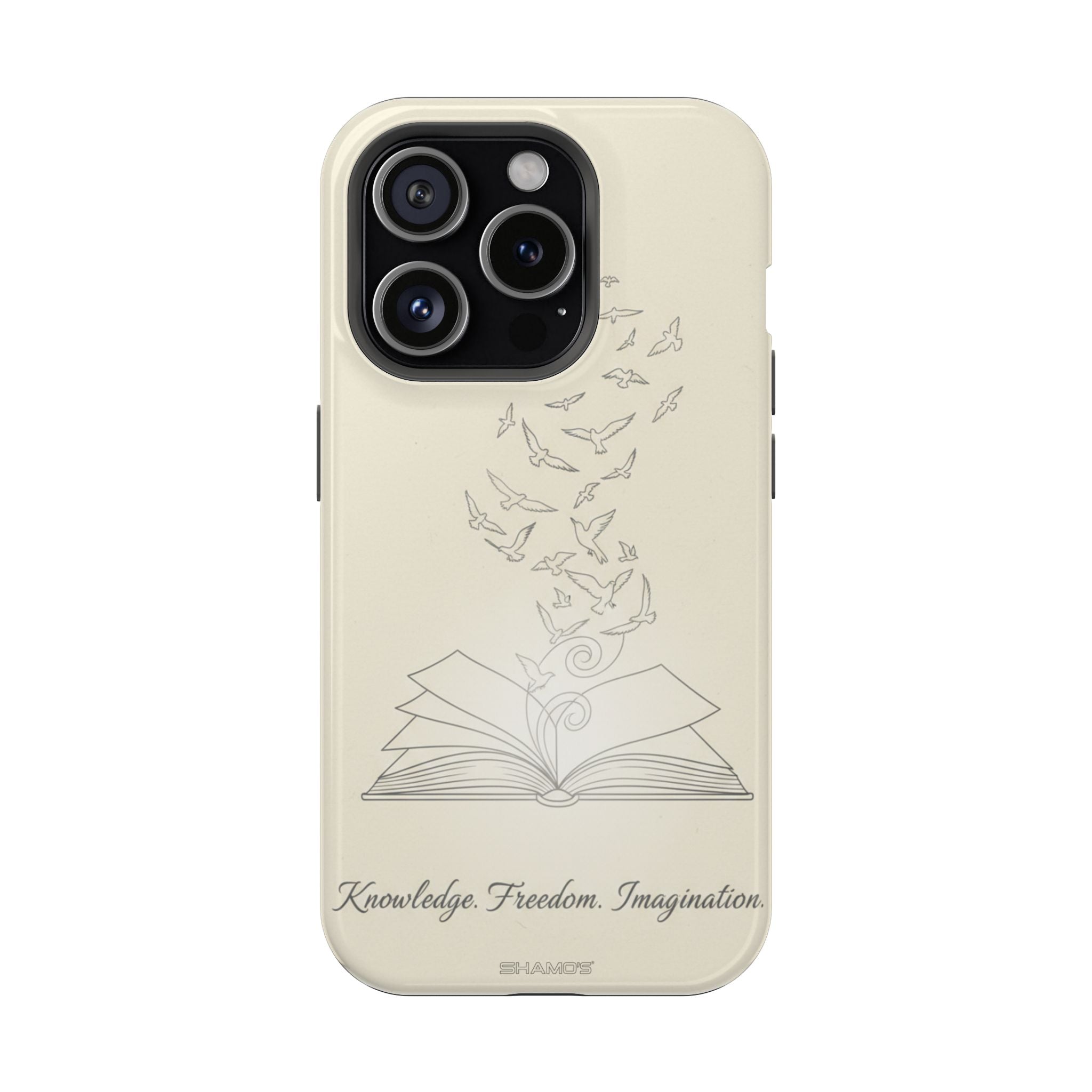 'Knowledge, Freedom, Imagination' Book & Birds Minimalist Magnetic Impact-Resistant Phone Case with MagSafe - iPhone 15 Pro / Glossy - Shamo's