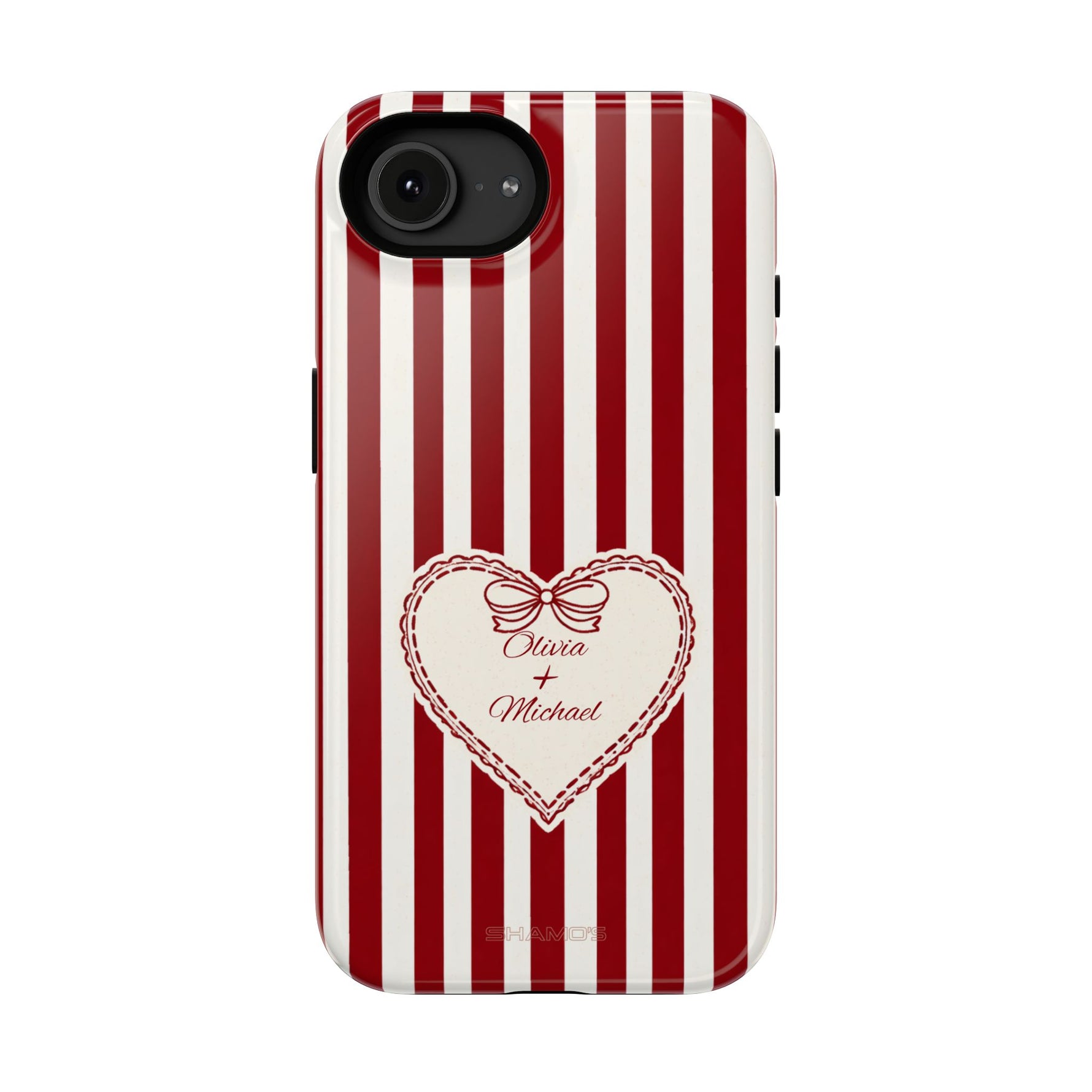 Funda personalizada a rayas — Diseño de corazón rojo y blanco (nombres personalizados)