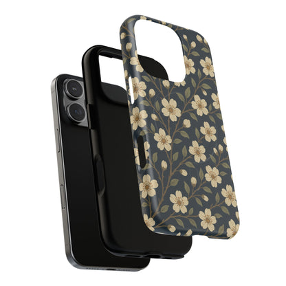 Navy Cherry Blossom Floral iPhone Case - Compatible with MagSafe