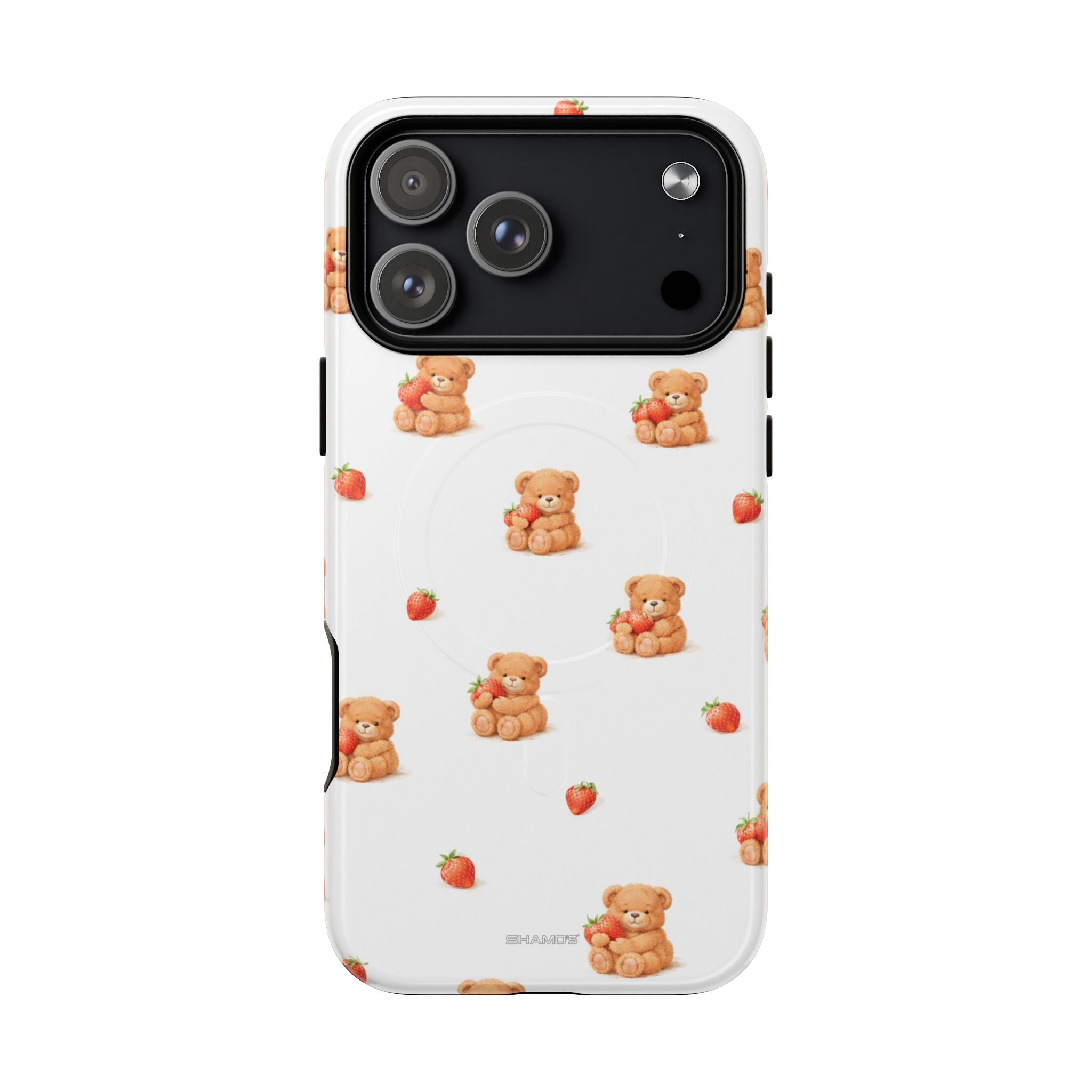 White phone case with teddy bear and strawberry pattern, compatible with large triple-lens smartphone