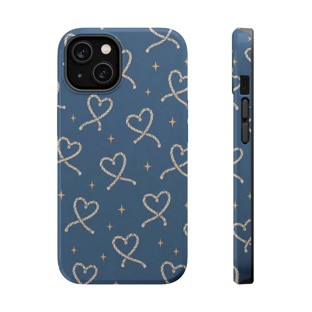 Lasso Hearts – Blue Western Heart MagSafe Phone Case, glossy iPhone 14, rear and side profile