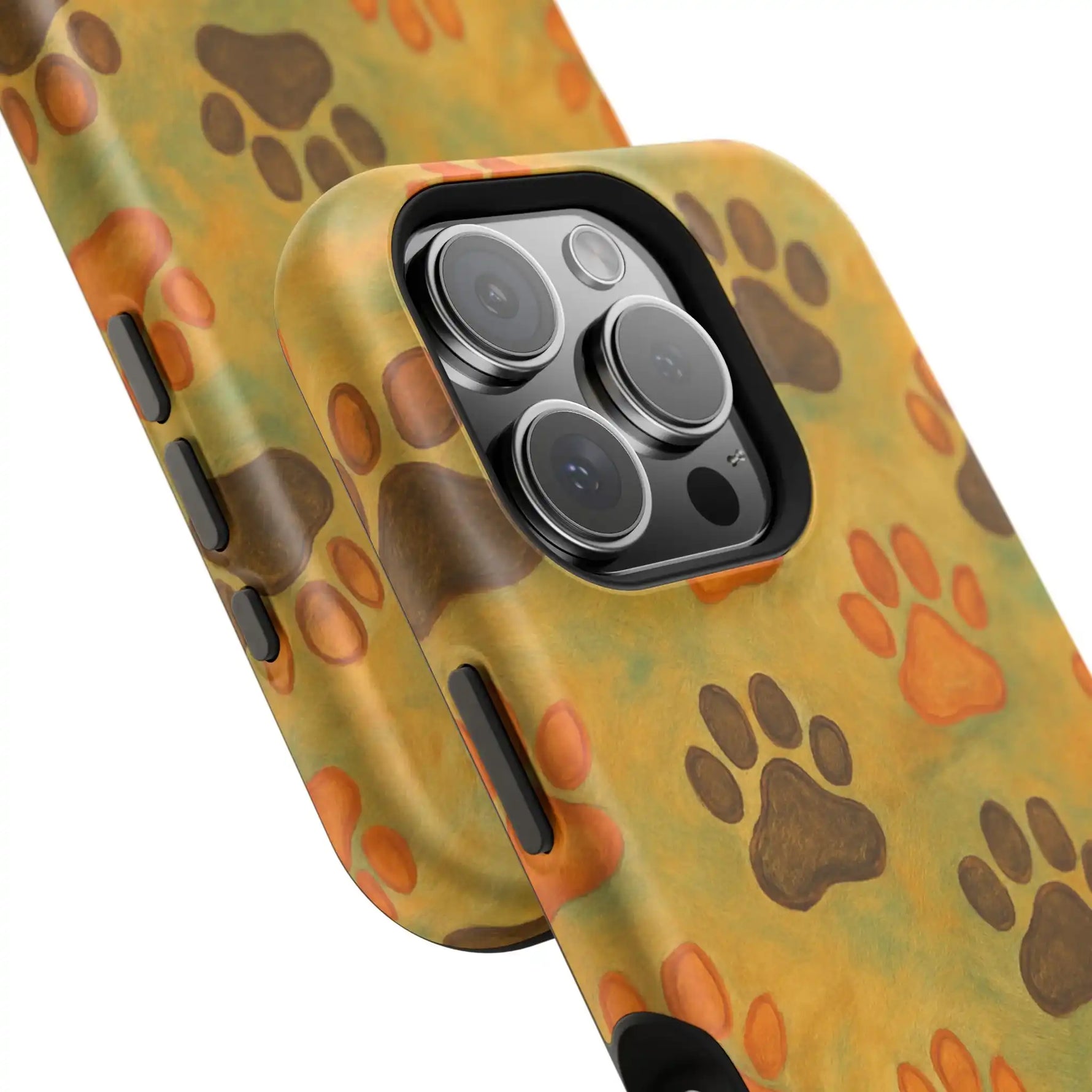 Two smartphone cases with orange and brown paw print pattern, showing different sizes next to each other