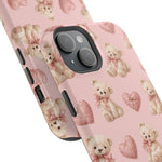Pink Teddy Hearts Love iPhone Case, Impact-Resistant MagSafe Compatible