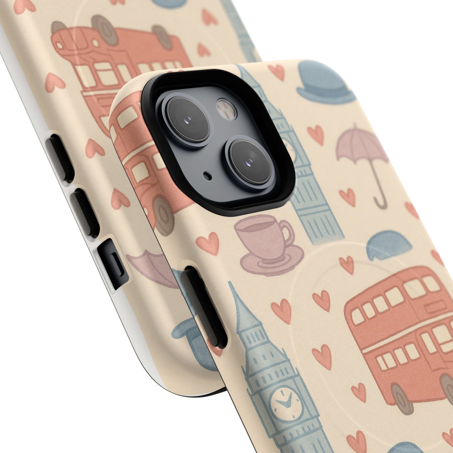 London Icons Hand-Drawn iPhone Case — Cute Double-Decker Bus & Big Ben Pattern with MagSafe compatibility
