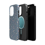 Denim Wildflowers MagSafe Phone Case, glossy square triple-camera Pro model, exploded shell and liner with magnetic ring