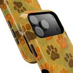 Two iPhone cases with yellow and green background and brown and orange paw print pattern, showing size variant