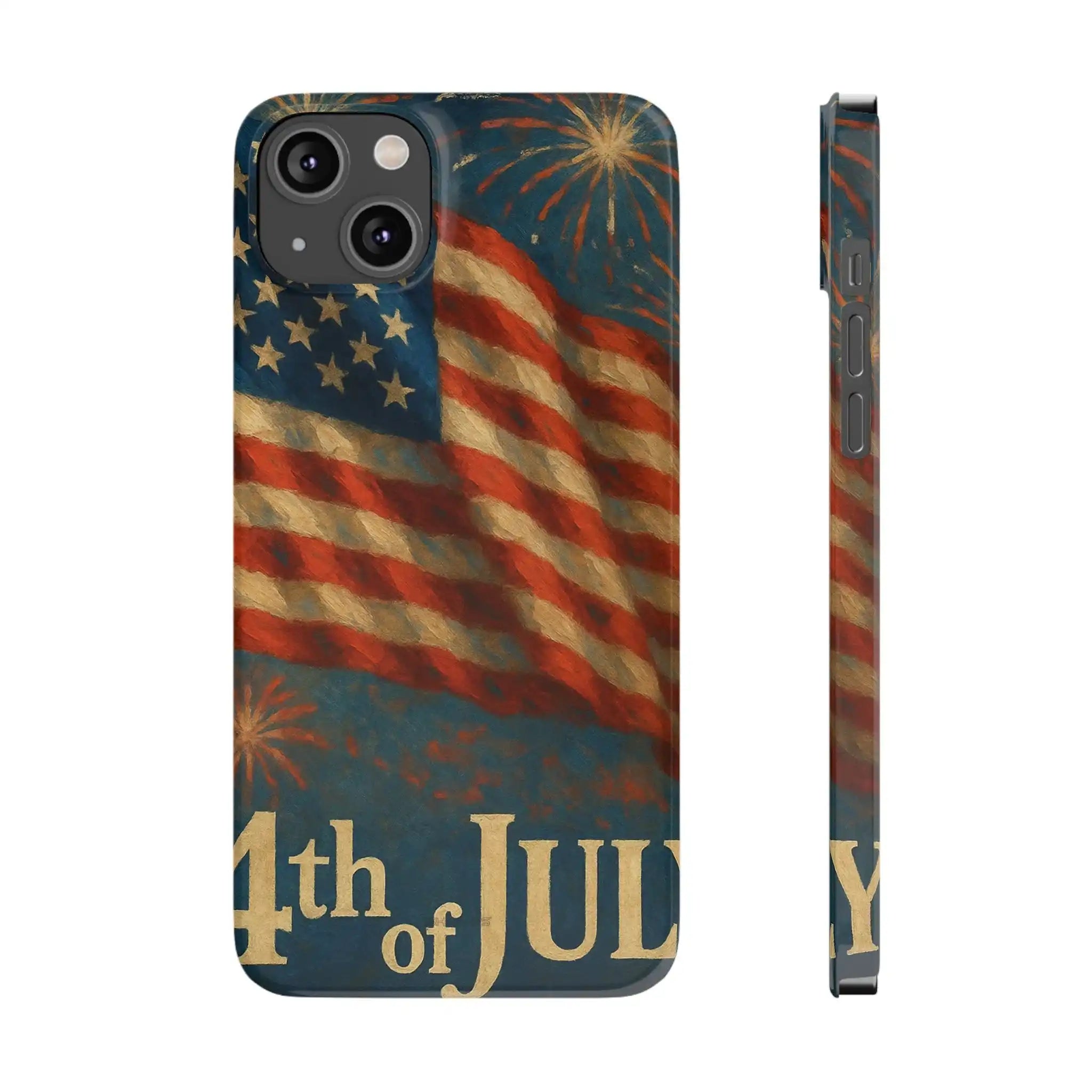 iPhone case with vintage American flag and fireworks design, showing 4th of July text on a slim variant