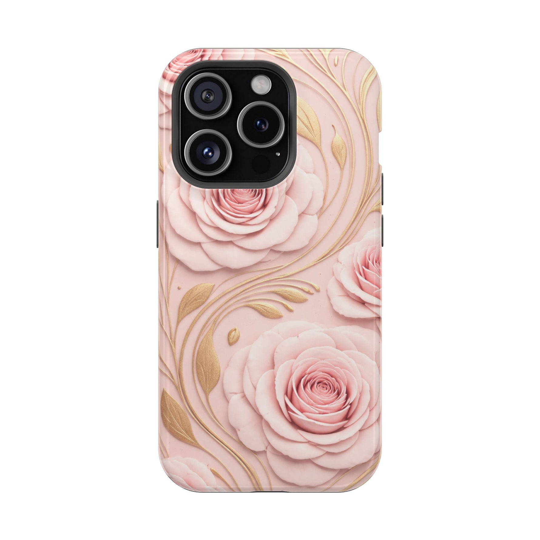 Floral Pink Rose MagSafe iPhone Case, Gold Leaf Magnetic Impact-Resistant