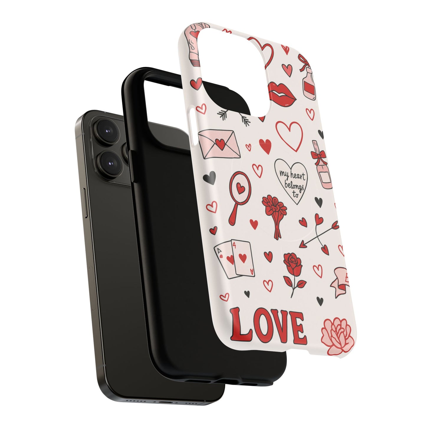 Romantic Love Doodle Tough iPhone Case ("LOVE", hearts, roses) (MagSafe compatible)