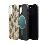 Cactus Bloom – Sage Green Floral Cactus MagSafe Phone Case, glossy diagonal dual-camera model, exploded shell and liner with magnetic ring