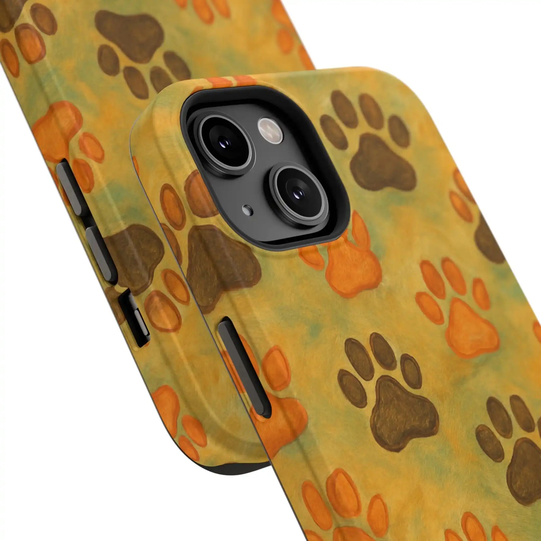 Two iPhone cases with paw print pattern in brown and orange on yellow background, showing variant sizes