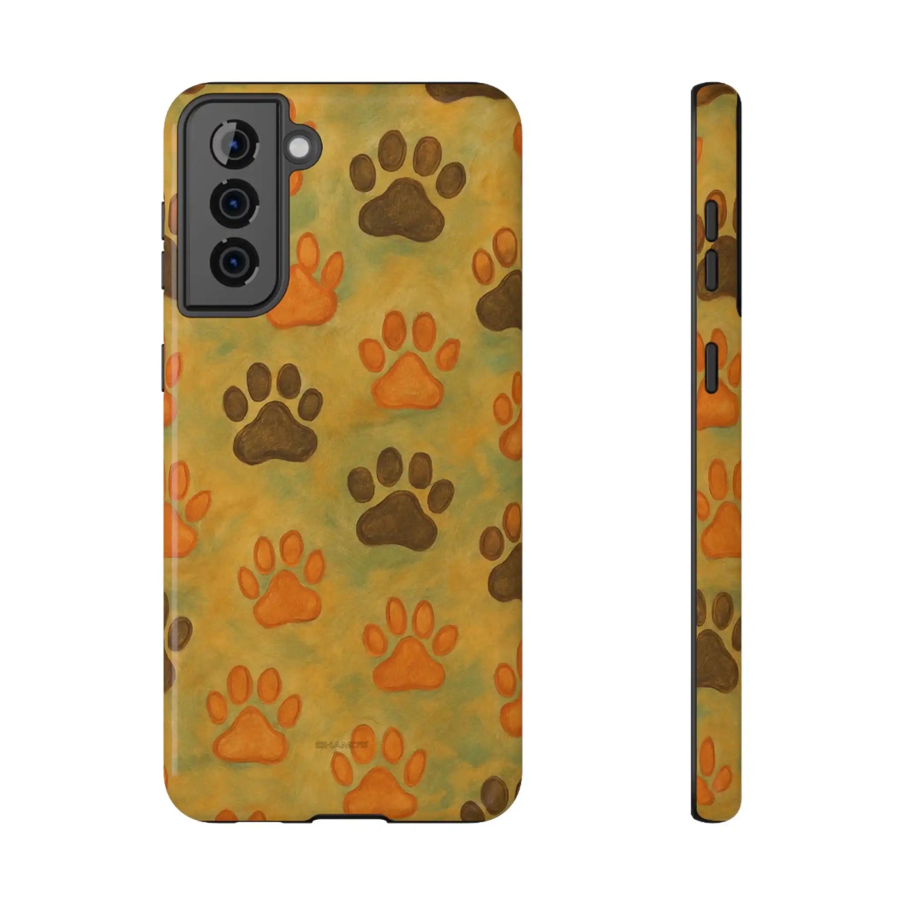 Two sizes of phone cases with orange and brown paw print pattern on yellow-green background