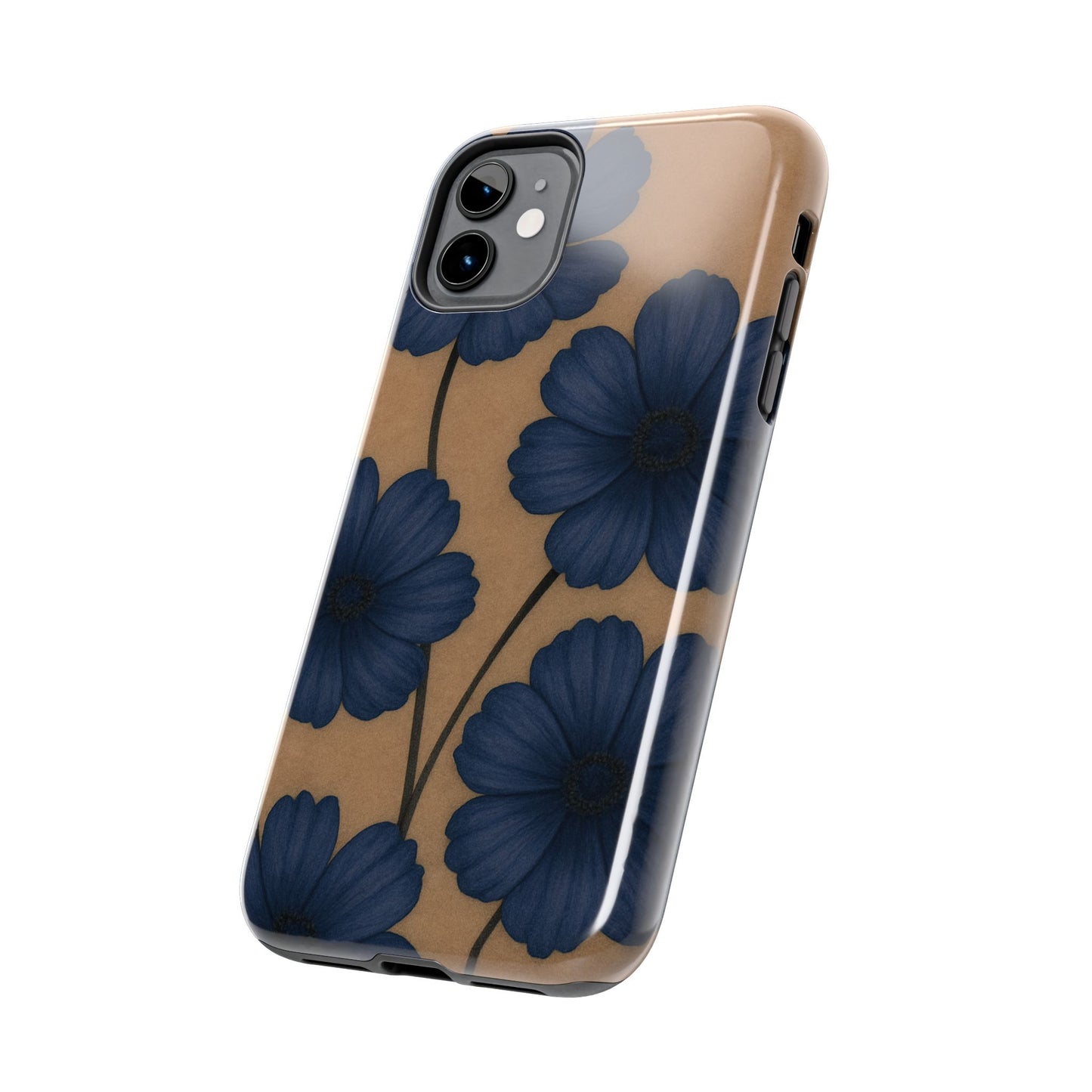 Navy Floral Tough iPhone Case — Durable Protective Case with Blue Flowers on Kraft Background