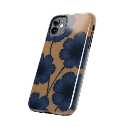 Navy Floral Tough iPhone Case — Durable Protective Case with Blue Flowers on Kraft Background